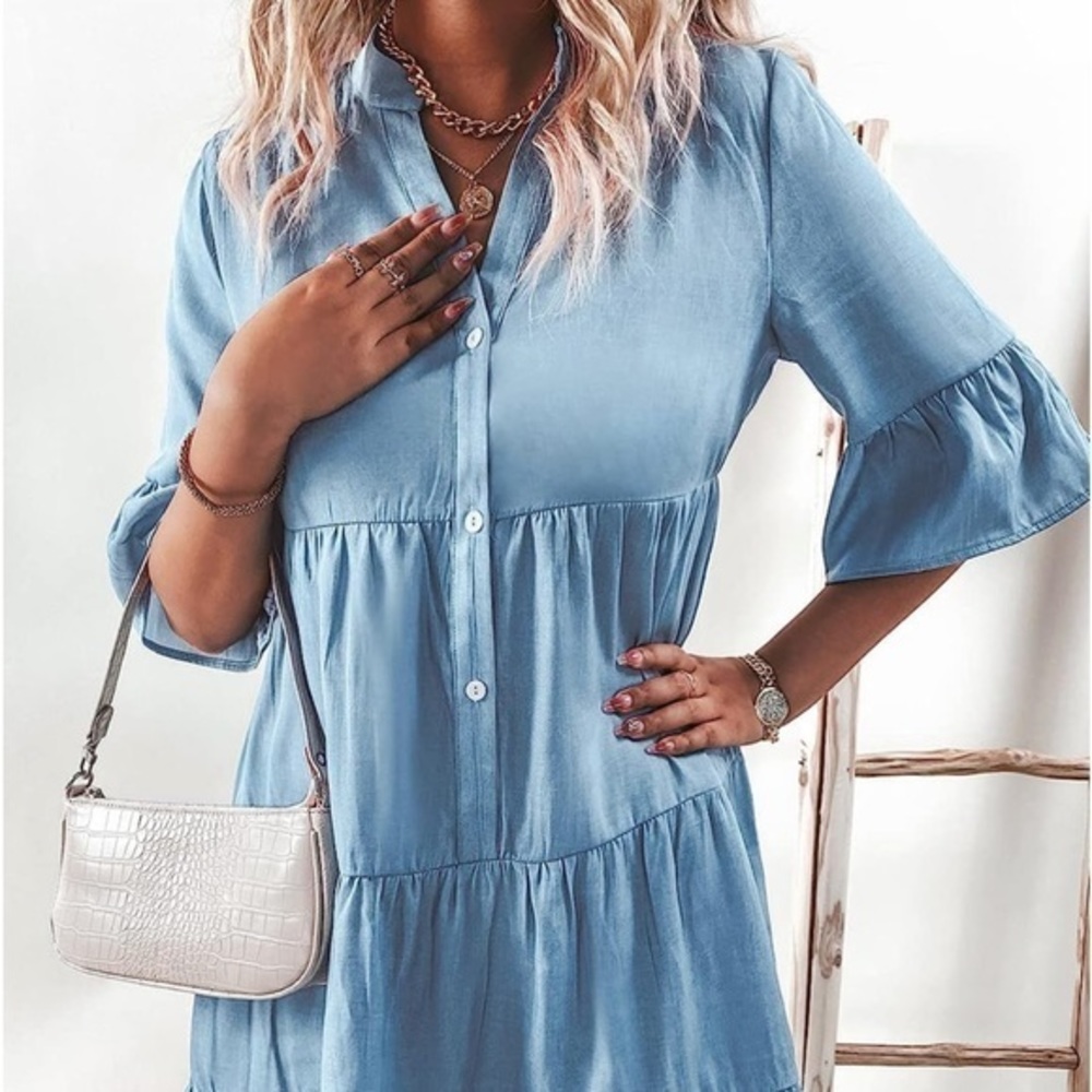 Cupshe Blue Ruffle Dress Sleeves Small Oversized